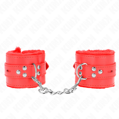 KINK - SUJECIONES DE MUÑECA CON FORRO DE PIEL, AGUJEROS CUADRADOS ROJOS Y CINTURÓN ROJO AJUSTABLE 17-29 CM X 6 CM