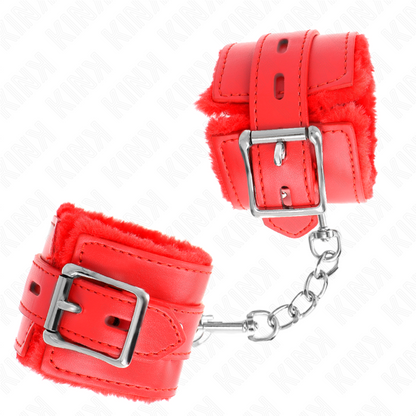 KINK - SUJECIONES DE MUÑECA CON FORRO DE PIEL, AGUJEROS CUADRADOS ROJOS Y CINTURÓN ROJO AJUSTABLE 17-29 CM X 6 CM