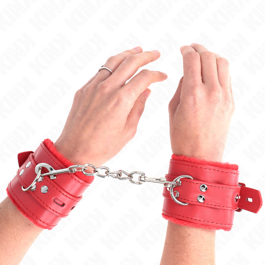 KINK - SUJECIONES DE MUÑECA CON FORRO DE PIEL, AGUJEROS CUADRADOS ROJOS Y CINTURÓN ROJO AJUSTABLE 17-29 CM X 6 CM