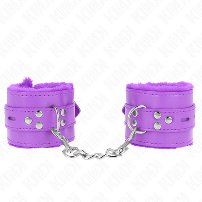 KINK - SUJECIONES DE MUÑECA CON FORRO DE PIEL, AGUJEROS CUADRADOS MORADOS Y CINTURÓN MORADO AJUSTABLE 17-29 CM X 6 CM