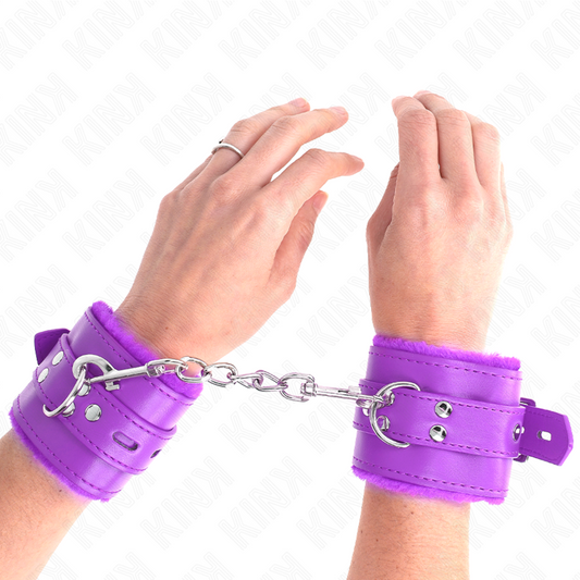 KINK - SUJECIONES DE MUÑECA CON FORRO DE PIEL, AGUJEROS CUADRADOS MORADOS Y CINTURÓN MORADO AJUSTABLE 17-29 CM X 6 CM
