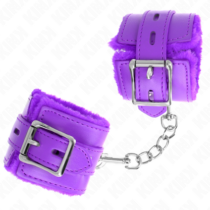 KINK - SUJECIONES DE MUÑECA CON FORRO DE PIEL, AGUJEROS CUADRADOS MORADOS Y CINTURÓN MORADO AJUSTABLE 17-29 CM X 6 CM