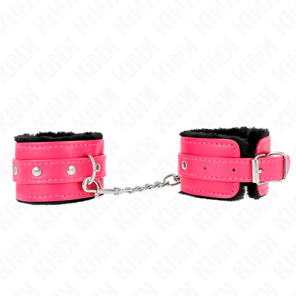 KINK - APPUI-POIGNETS DOUBLÉS DE FOURRURE PREMIUM NOIR AVEC CEINTURE ROSE FRAMBOISE ADJUSTABLE 17-29 CM