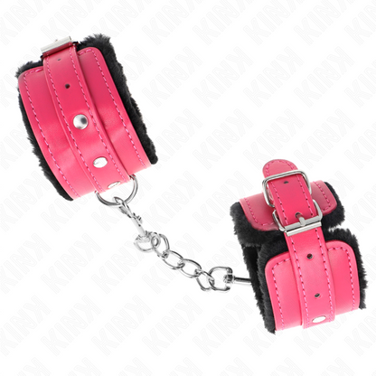KINK - APPUI-POIGNETS DOUBLÉS DE FOURRURE PREMIUM NOIR AVEC CEINTURE ROSE FRAMBOISE ADJUSTABLE 17-29 CM