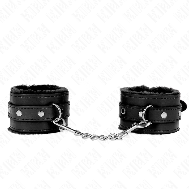 KINK - APPUI-POIGNETS DOUBLÉS DE FOURRURE PREMIUM NOIR AVEC CEINTURE NOIRE RÉGLABLE 17-29 CM