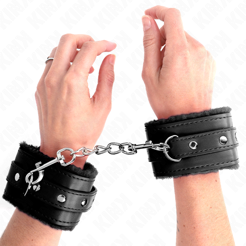 KINK - APPUI-POIGNETS DOUBLÉS DE FOURRURE PREMIUM NOIR AVEC CEINTURE NOIRE RÉGLABLE 17-29 CM