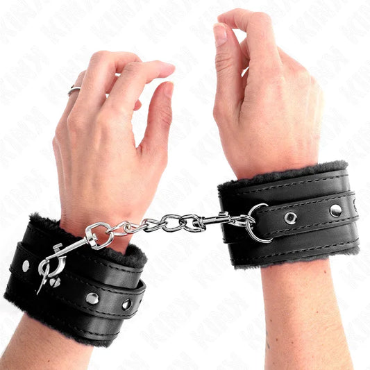 Kink – Appui Poignets Doublés de Fourrure Premium Noir avec Ceinture Noire Réglable 17 29 cm X