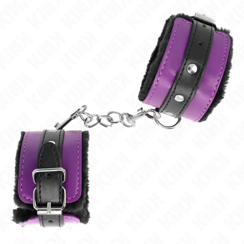 Kink – Appui Poignets Doublés de Fourrure Premium Noir avec Ceinture Violet / Noire Réglable