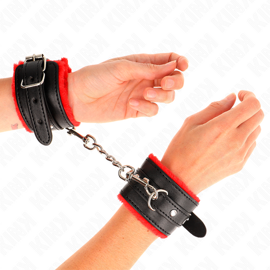 KINK - SUJECIONES DE MUÑECA PREMIUM CON FORRO DE PELO ROJO Y CINTURÓN NEGRO AJUSTABLE 17-29 CM X 6 CM
