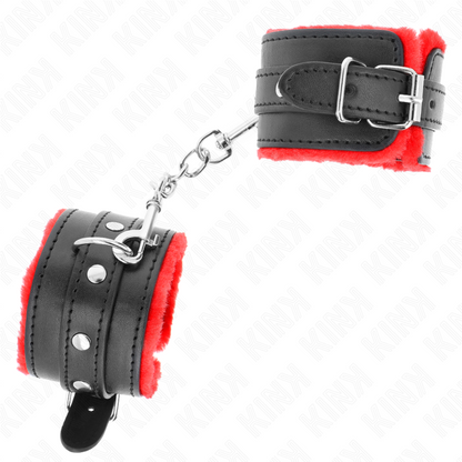 KINK - SUJECIONES DE MUÑECA PREMIUM CON FORRO DE PELO ROJO Y CINTURÓN NEGRO AJUSTABLE 17-29 CM X 6 CM