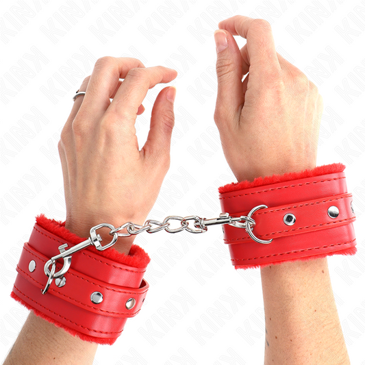 KINK - SUJECIONES DE MUÑECA PREMIUM CON FORRO DE PELO ROJO Y CINTURÓN ROJO AJUSTABLE 17-29 CM X 6 CM
