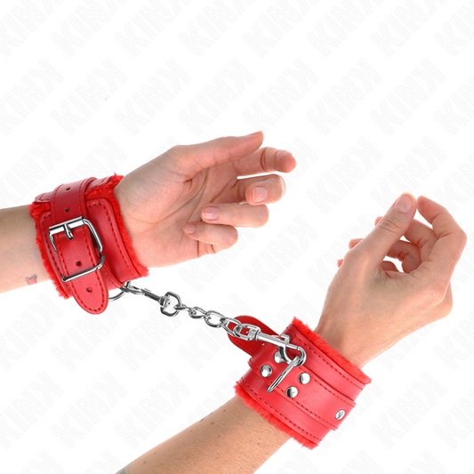 KINK - SUJECIONES DE MUÑECA CON FORRO DE PELO ROJO Y CINTURÓN ROJO AJUSTABLE 17-29 CM X 6 CM