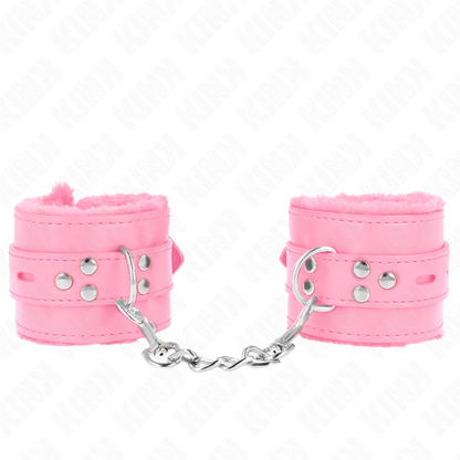 KINK - SUJECIONES DE MUÑECA CON FORRO DE PIEL, AGUJEROS CUADRADOS ROSA Y CINTURÓN ROSA AJUSTABLE 17-29 CM X 6 CM