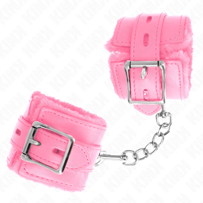 KINK - SUJECIONES DE MUÑECA CON FORRO DE PIEL, AGUJEROS CUADRADOS ROSA Y CINTURÓN ROSA AJUSTABLE 17-29 CM X 6 CM