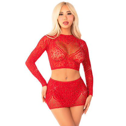 LEG AVENUE - SHORT Y MINIFALDA DE MALLA ROJA BRILLANTE