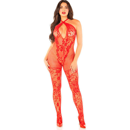 LEG AVENUE - BODYSTOCK DE MALLA CON ESTAMPADO FLORAL ROJO TALLA ÚNICA