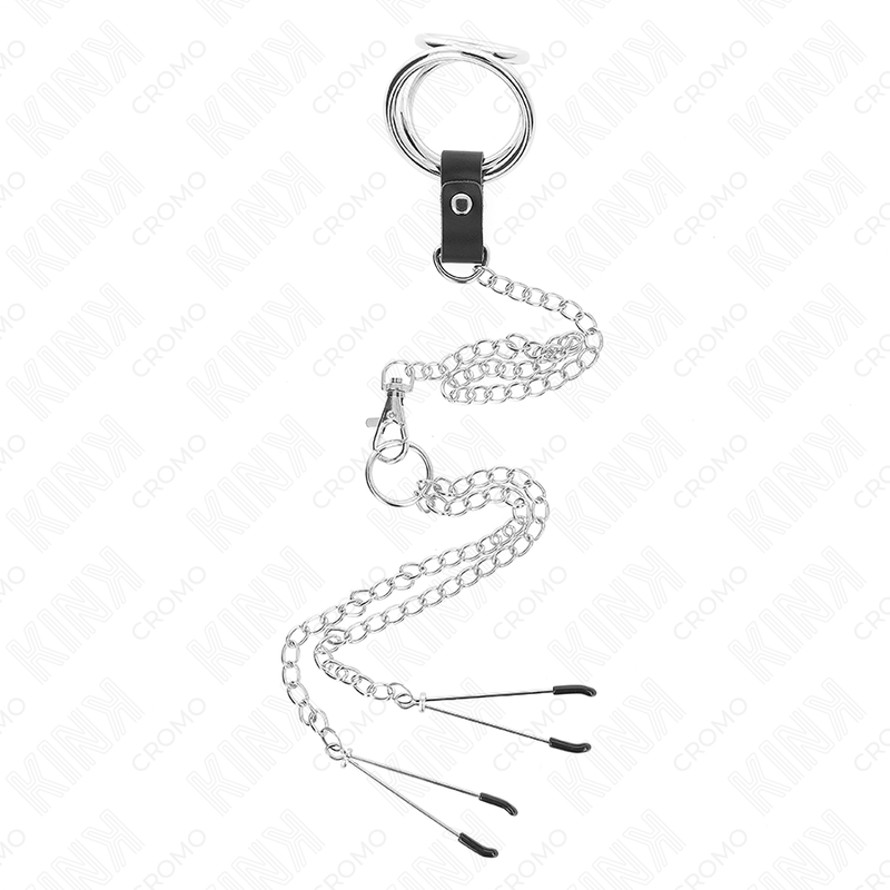 KINK - ANNEAU PÉNIS EN MÉTAL TRIPLE CHROME 3 CM À 4.5 CM AVEC CHAÎNE EN MÉTAL DE 26 CM ET PINCES À TÉTONS
