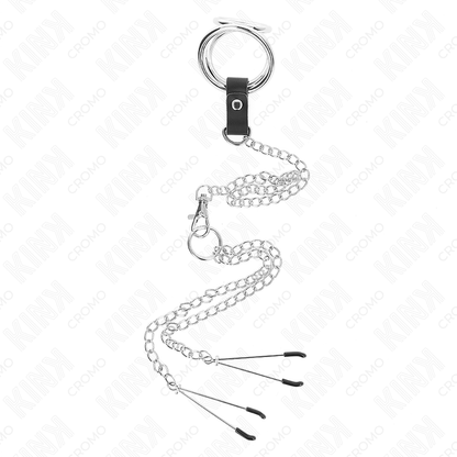 KINK - ANNEAU PÉNIS EN MÉTAL TRIPLE CHROME 3 CM À 4.5 CM AVEC CHAÎNE EN MÉTAL DE 26 CM ET PINCES À TÉTONS
