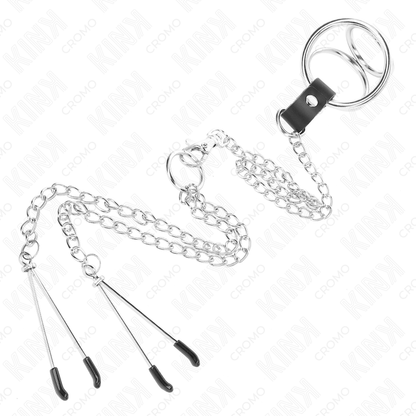 KINK - ANNEAU PÉNIS EN MÉTAL TRIPLE CHROME 3 CM À 4.5 CM AVEC CHAÎNE EN MÉTAL DE 26 CM ET PINCES À TÉTONS
