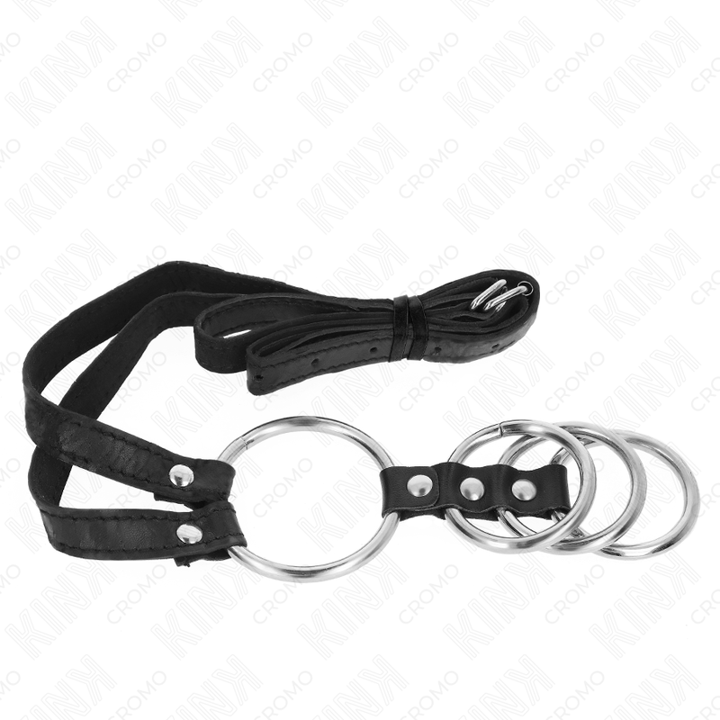 KINK - 4 ANILLOS METÁLICOS PARA EL PENE CONECTADOS DE 3,8 CM A 5 CM CON CINTURÓN DE CUERO DE 112 CM