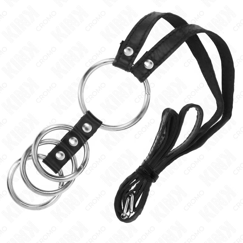 KINK - 4 ANILLOS METÁLICOS PARA EL PENE CONECTADOS DE 3,8 CM A 5 CM CON CINTURÓN DE CUERO DE 112 CM