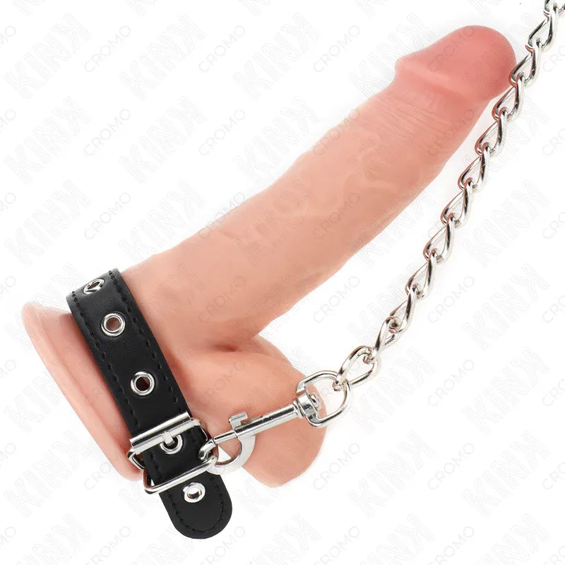Kink Anneau Pénis en Cuir 21,5 X 2 cm avec Chaîne en Métal de 60 cm et Sangle en Cuir