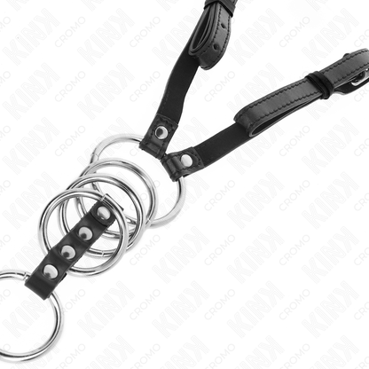 KINK - 5 ANILLOS PARA EL PENE DE 3,8 CM A 5 CM DE METAL CON CINTURÓN DE CUERO 112 CM
