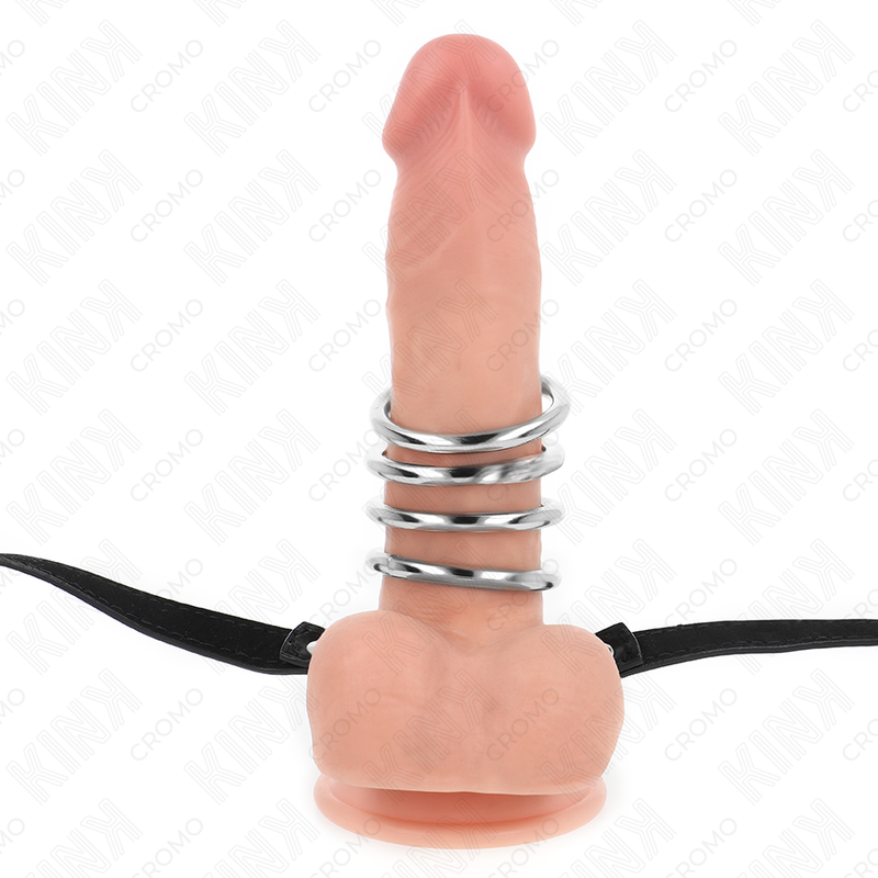 KINK - 5 ANILLOS PARA EL PENE DE 3,8 CM A 5 CM DE METAL CON CINTURÓN DE CUERO 112 CM