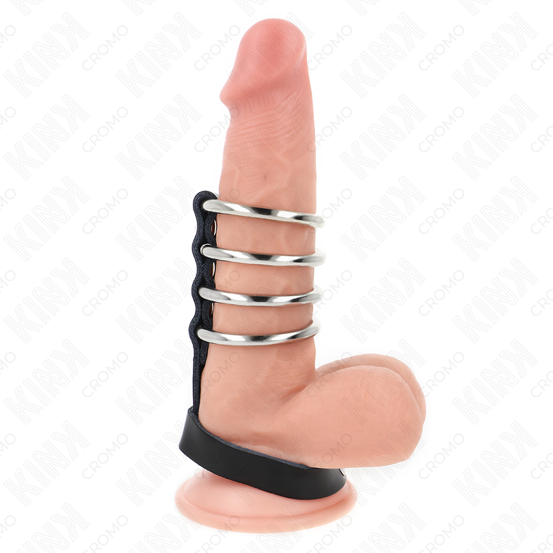 KINK - 4 ANILLOS METÁLICOS PARA EL PENE DE 3,8 CM CONECTADOS CON CORREA DE CUERO DE 22 X 1,5 CM Y CIERRE A PRESIÓN