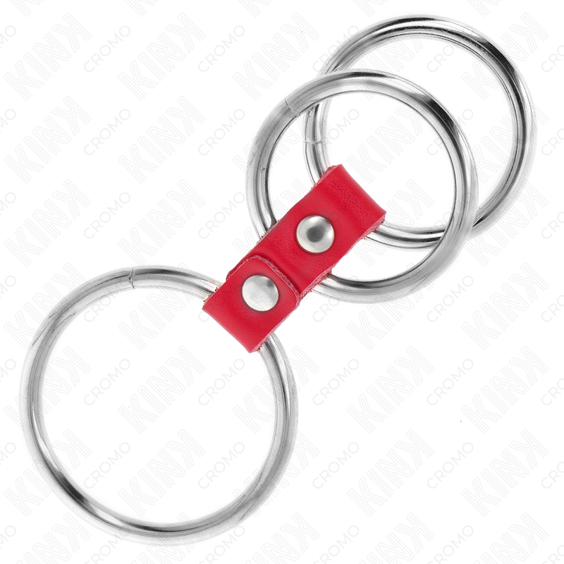 KINK - ANILLO TRIPLE DE METAL PARA EL PENE DE 3,7 CM A 5 CM CONECTADO CON CUERO ROJO