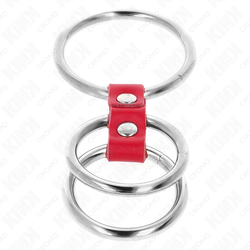 KINK - ANNEAU PÉNIS TRIPLE MÉTAL 3.7 CM À 5 CM CONNECTÉ AVEC DU CUIR ROUGE