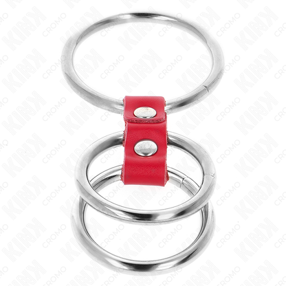 KINK - ANNEAU PÉNIS TRIPLE MÉTAL 3.7 CM À 5 CM CONNECTÉ AVEC DU CUIR ROUGE