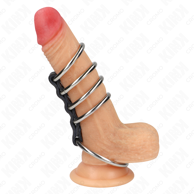 KINK - 5 ANILLOS PARA EL PENE DE 3,7 CM A 5 CM EN METAL CONECTADOS CON CUERO