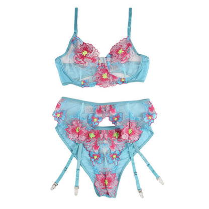 SUBBLIME - 954109 SOUTIEN-GORGE + CULOTTE AVEC PORTE-JARRETELLES MOTIF FLORAL BLEU S/M