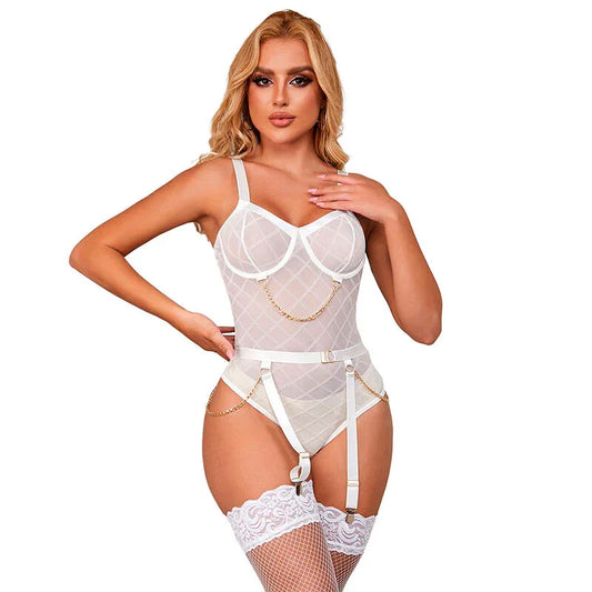 Subblime – 954284 Body avec Chaînes + Porte Jarretelles Blanc S / M
