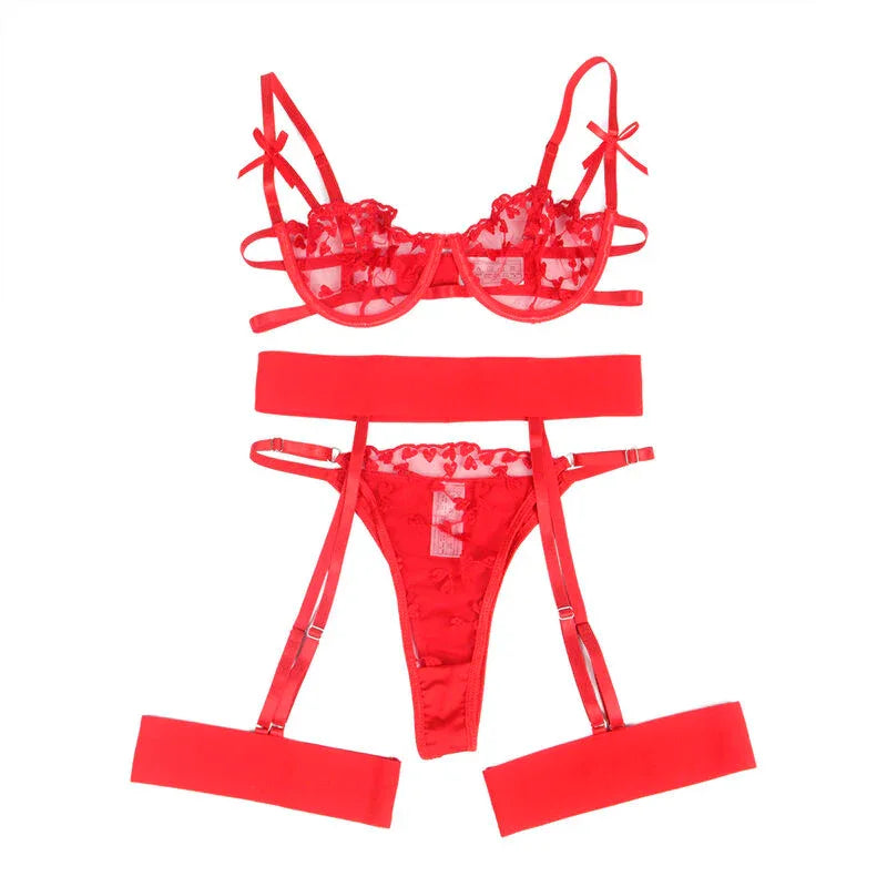 Subblime – 954338 Soutien Gorge + String + Porte Jarretelles Imprimé Coeur Rouge l / XL