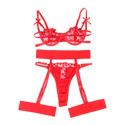 Subblime – 954338 Soutien Gorge + String + Porte Jarretelles Imprimé Coeur Rouge l / XL