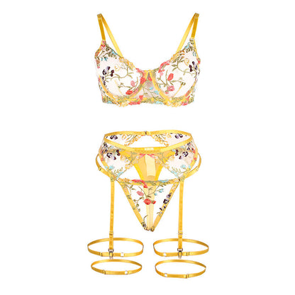 SUBBLIME - 954345 SUJETADOR + TANGA + LIGUERO ESTAMPADO FLORAL AMARILLO S/M