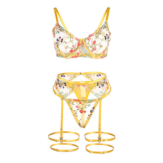 SUBBLIME - 954345 SUJETADOR + TANGA + LIGUERO ESTAMPADO FLORAL AMARILLO S/M