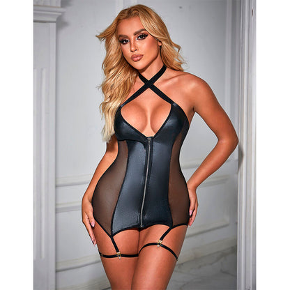 SUBBLIME - 954451 SEXY ROBE IN MAILLE CUIR NOIR L/XL