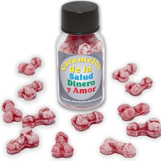 DIABLE ÉPICÉ - 12 BONBONS SANTÉ-ARGENT-AMOUR FORME DE PÉNIS FRAISE/CERISE