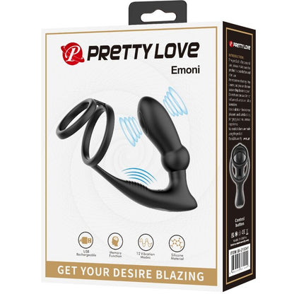 PRETTY LOVE - ANNEAU PÉNIS EMONI + ANAL PLUG 12 VIBRATIONS NOIR