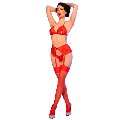 CHILIROSE - CR 4848 RED LACE BRA + THONG + STOCKINGS SET S