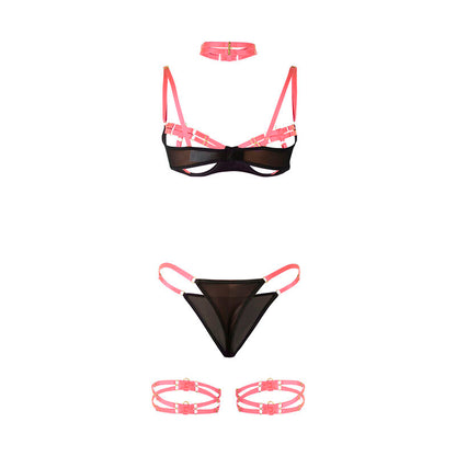 SUBBLIME - 955298 CONJUNTO DE SUJETADOR CON COLLAR Y DETALLES EN PIERNAS ROSA FLUORESCENTE S/M