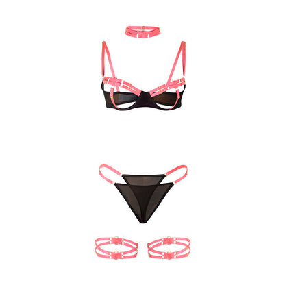 SUBBLIME - 955298 CONJUNTO DE SUJETADOR CON COLLAR Y DETALLES EN PIERNAS ROSA FLUORESCENTE S/M