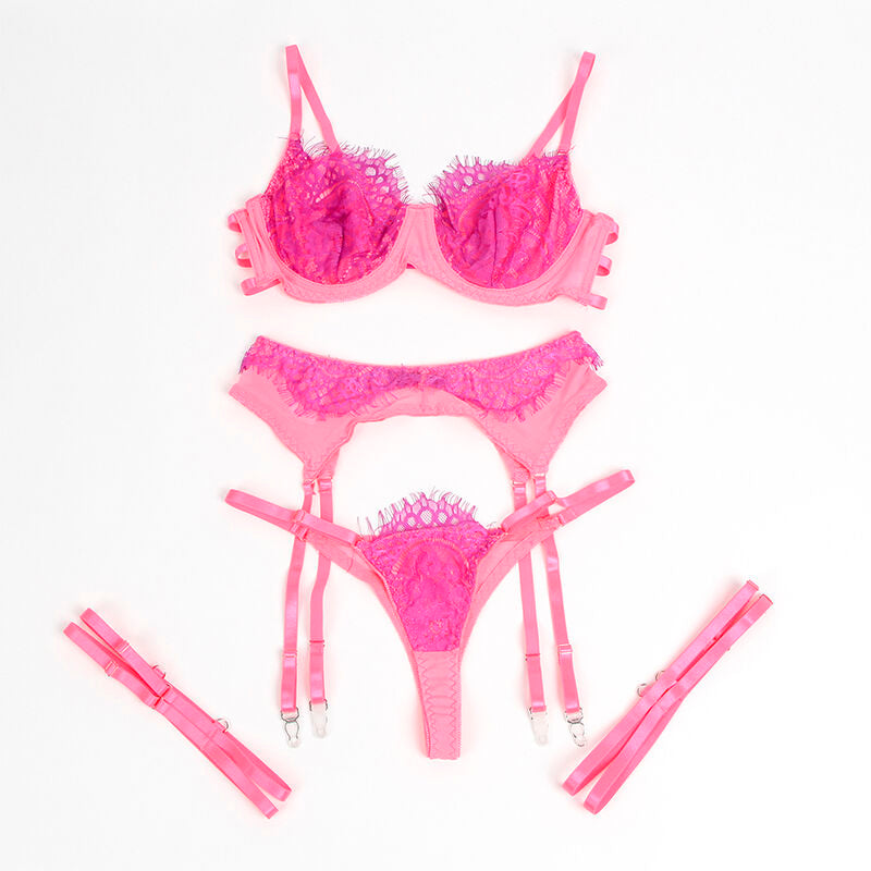 SUBBLIME - 955359 CONJUNTO DE SUJETADOR CON ENCAJE Y LIGUEROS ROSA Y MORADO S/M