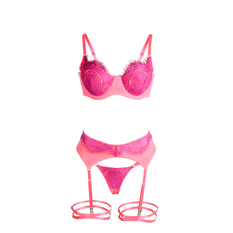 SUBBLIME - 955359 CONJUNTO DE SUJETADOR CON ENCAJE Y LIGUEROS ROSA Y MORADO S/M