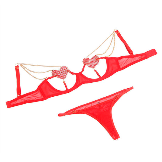 SUBBLIME - 955526 CONJUNTO DE SUJETADOR CON CADENA DE CORAZÓN DE MALLA ROJA L/XL