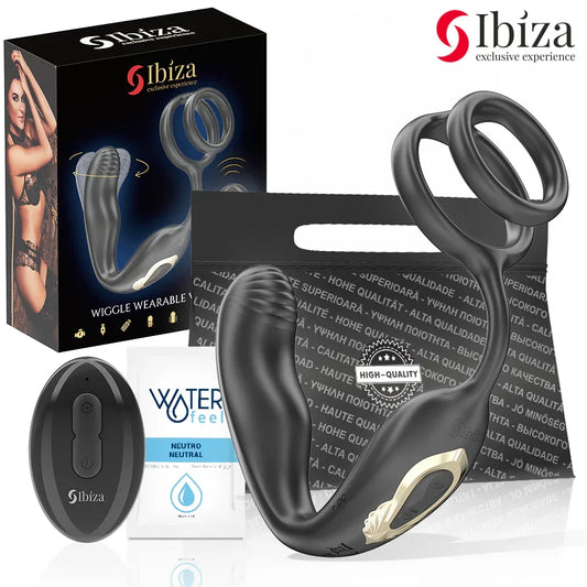 Ibiza Plug Anal Rotatif Télécommandé Wiggle avec Vibrations Périnéales et Anneaux Rehaussant le Pénis