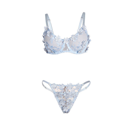 SUBBLIME - 957636 ENSEMBLE SOUTIEN-GORGE ET CULOTTE BRODÉS DE FLEURS BLEU CIEL L/XL